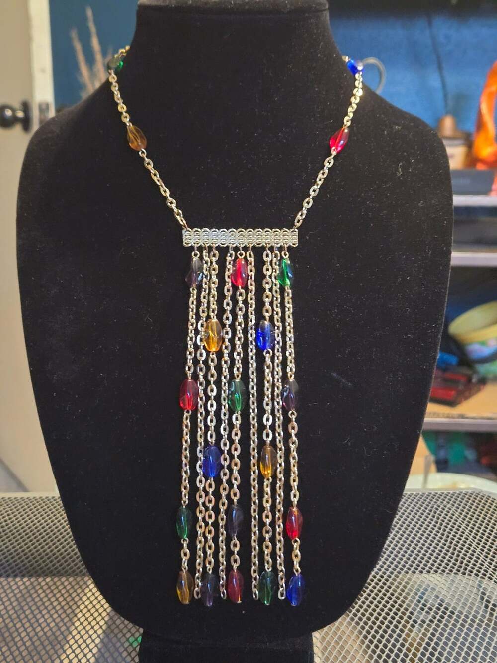 Vintage Gold Tone Multi Strand Necklace With Colorful Stone Accents